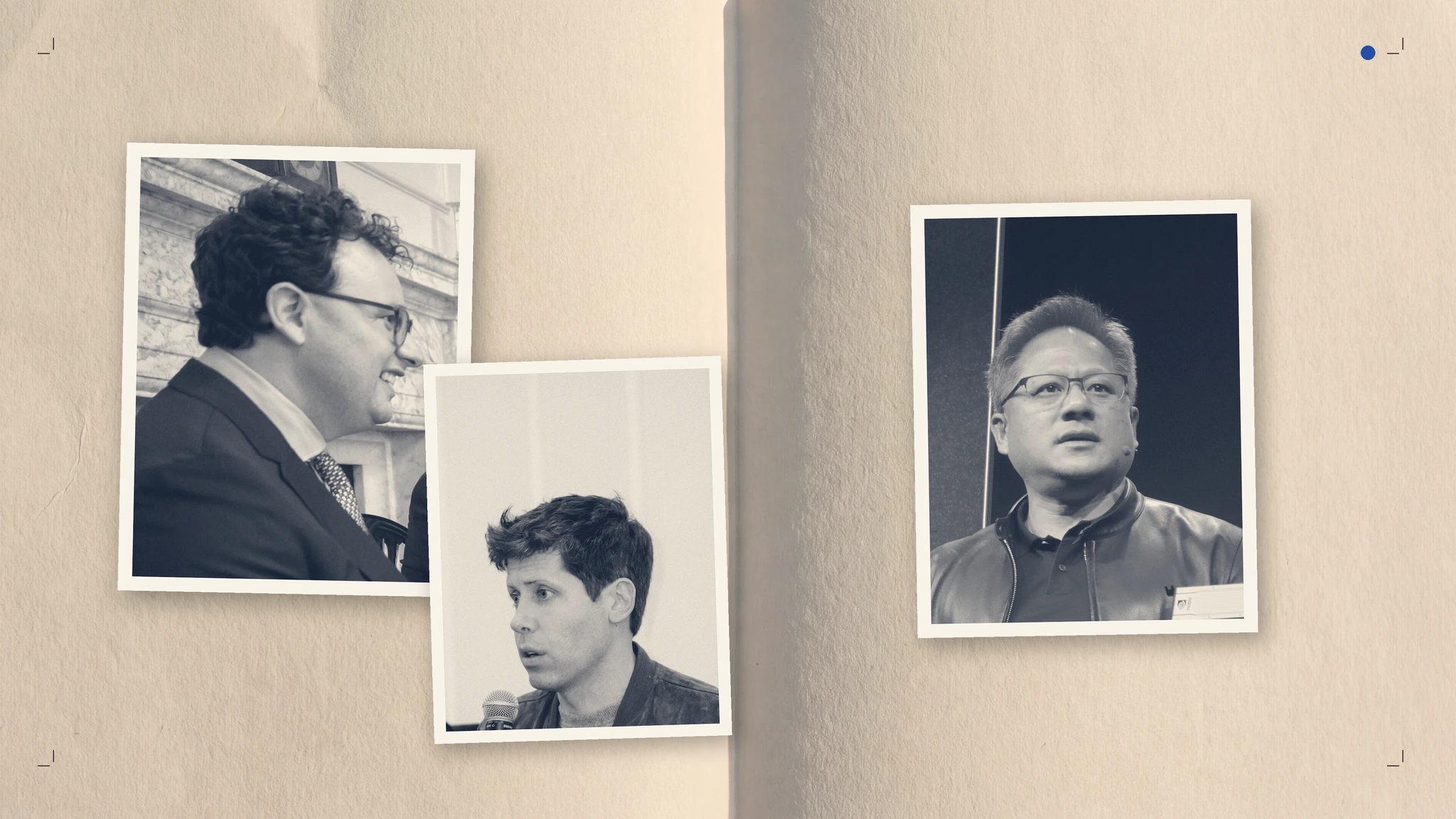 Collage editorial con retratos de Dario Amodei, Sam Altman y Jensen Huang enfrentados a ambos lados del pliegue de un pliego de papel