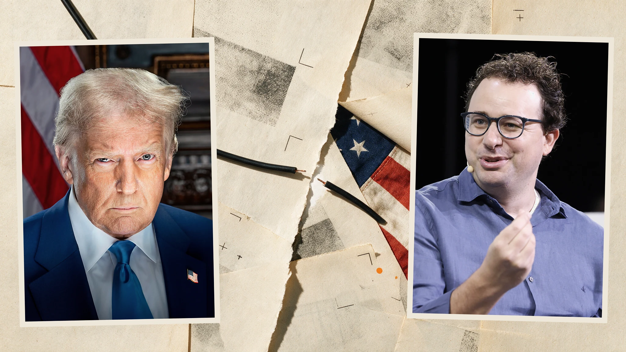 Collage con Donald Trump y Dario Amodei separados por papel rasgado, una bandera estadounidense y un cable cortado
