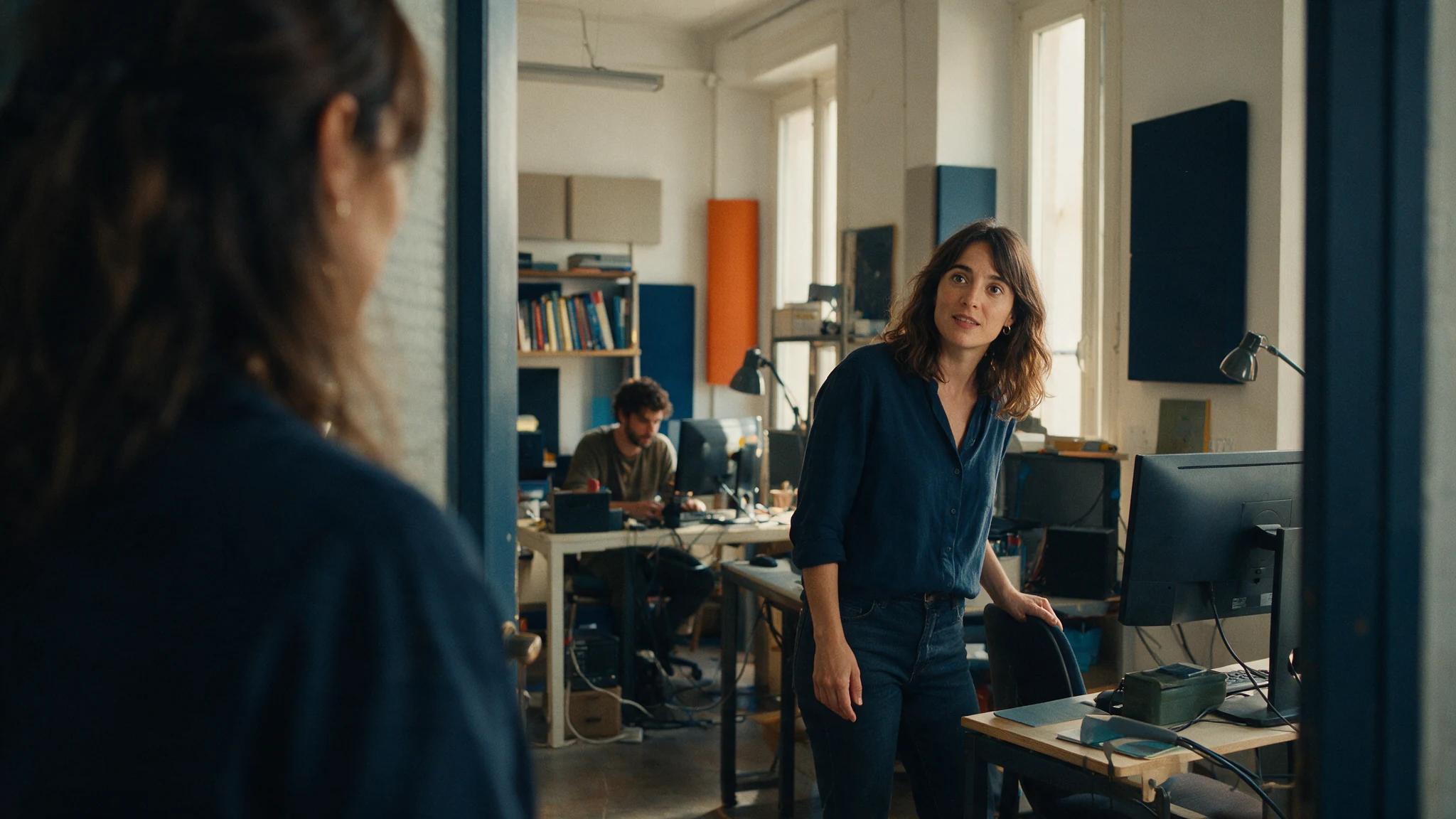 Posible clienta conversando con una ingeniera en un estudio de software en funcionamiento