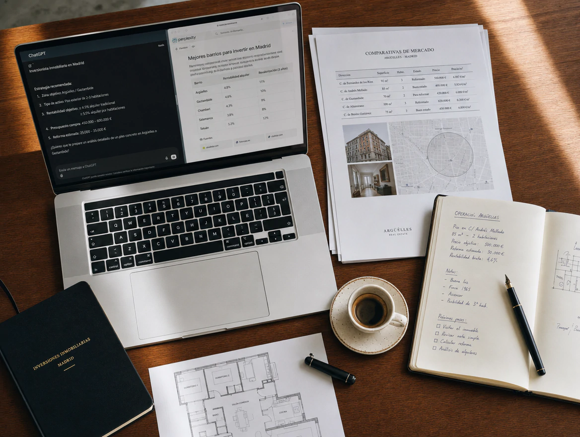 Flat-lay con MacBook, planos arquitectónicos, cuaderno y café