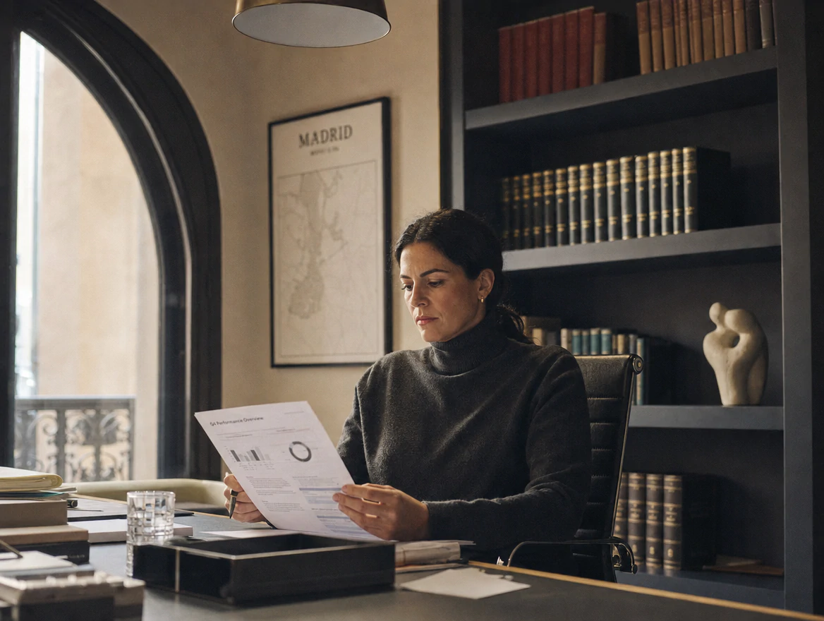 Directora de agencia revisando informe en su despacho con biblioteca