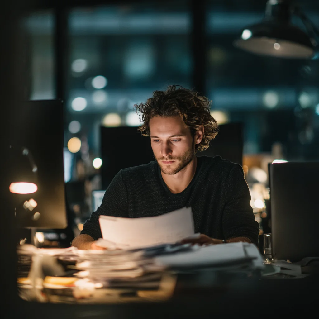 Empleado trabajando hasta tarde en tareas manuales