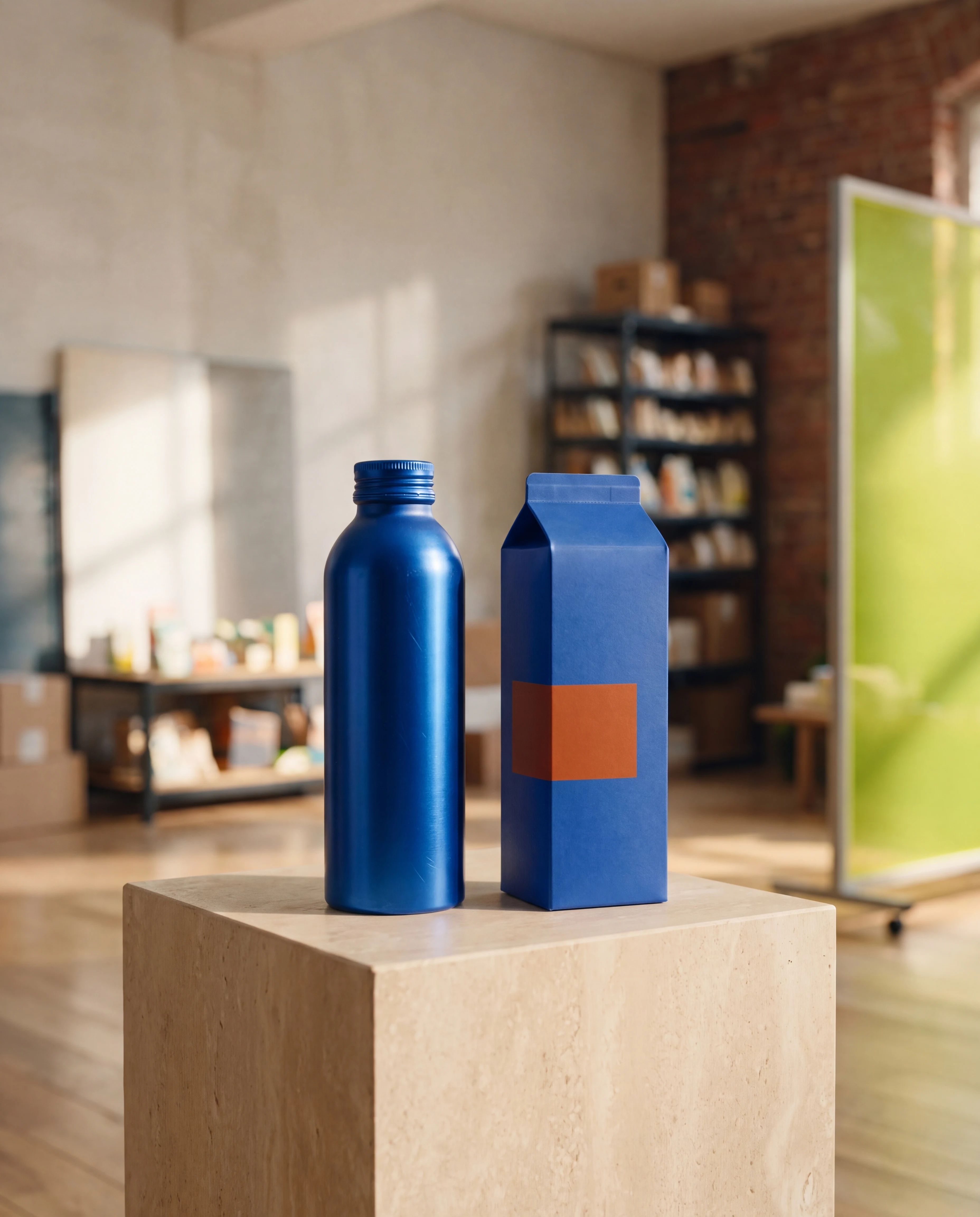 Botella azul cobalto y envase coordinado sobre un pedestal de piedra en un estudio contemporáneo