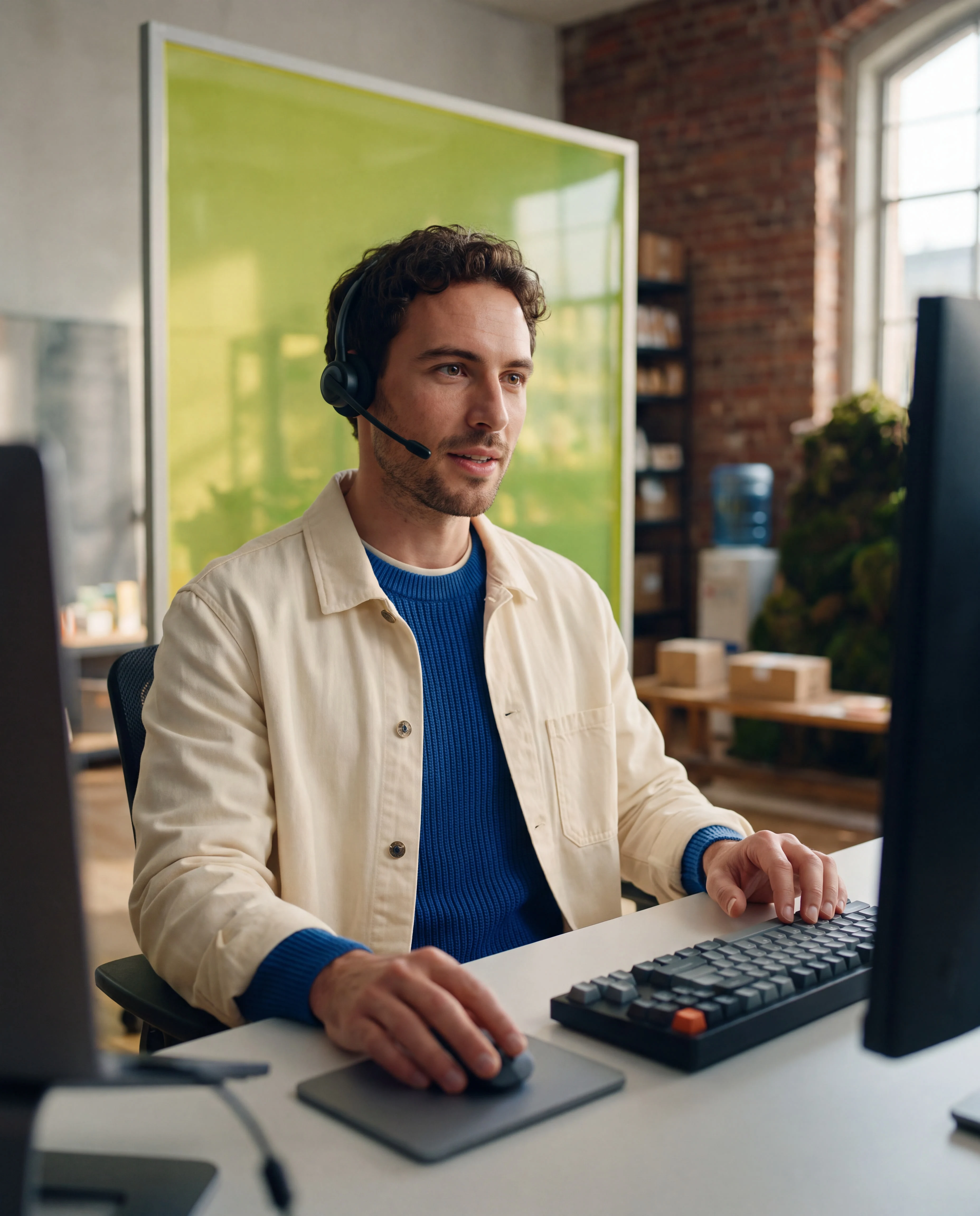 Fundador técnico trabajando con headset en un estudio de operaciones