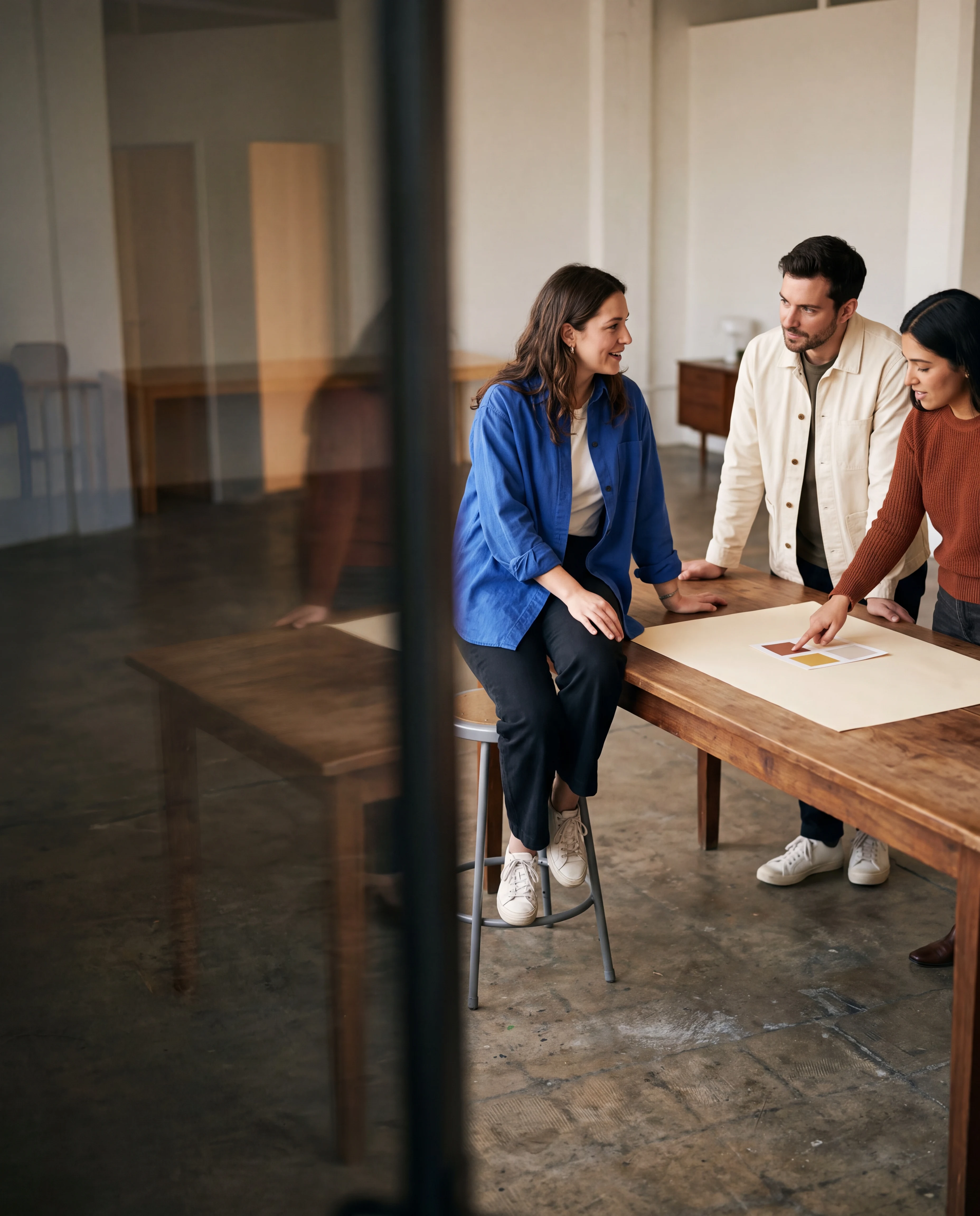 Tres responsables jóvenes coordinando una decisión alrededor de una mesa de trabajo