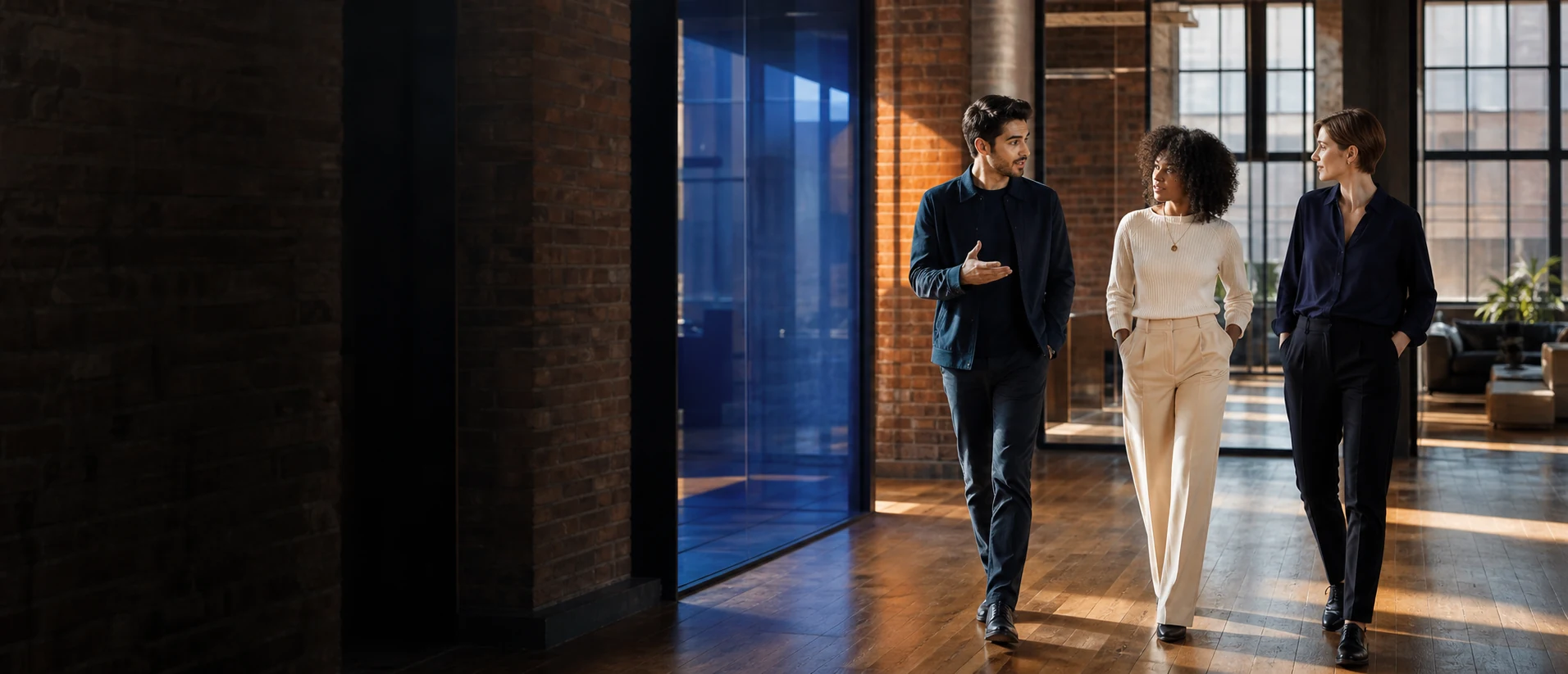 Tres profesionales caminan y conversan en un loft industrial junto a un panel de cristal azul