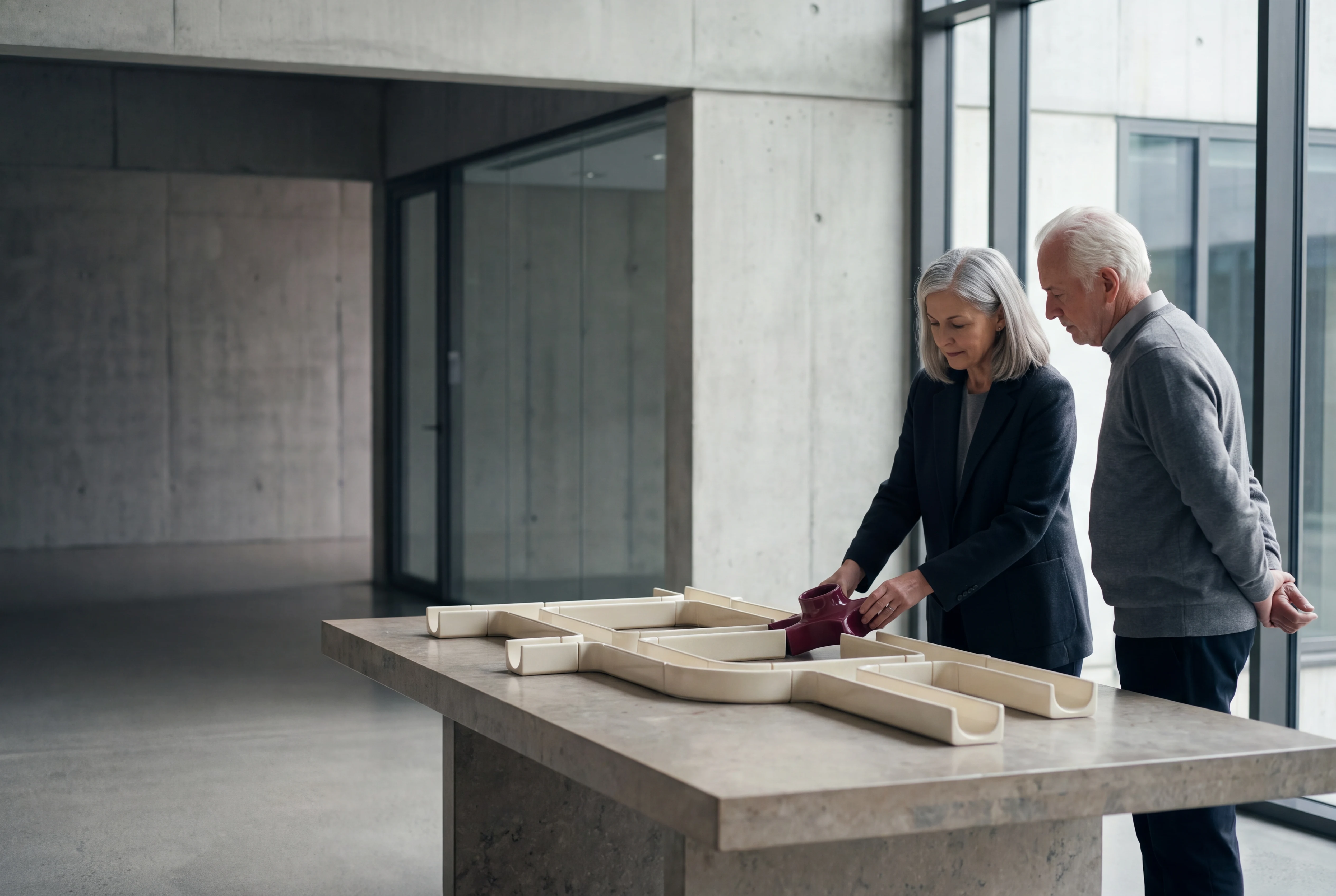 Dos profesionales eligen una única unión burdeos dentro de un modelo modular de cerámica