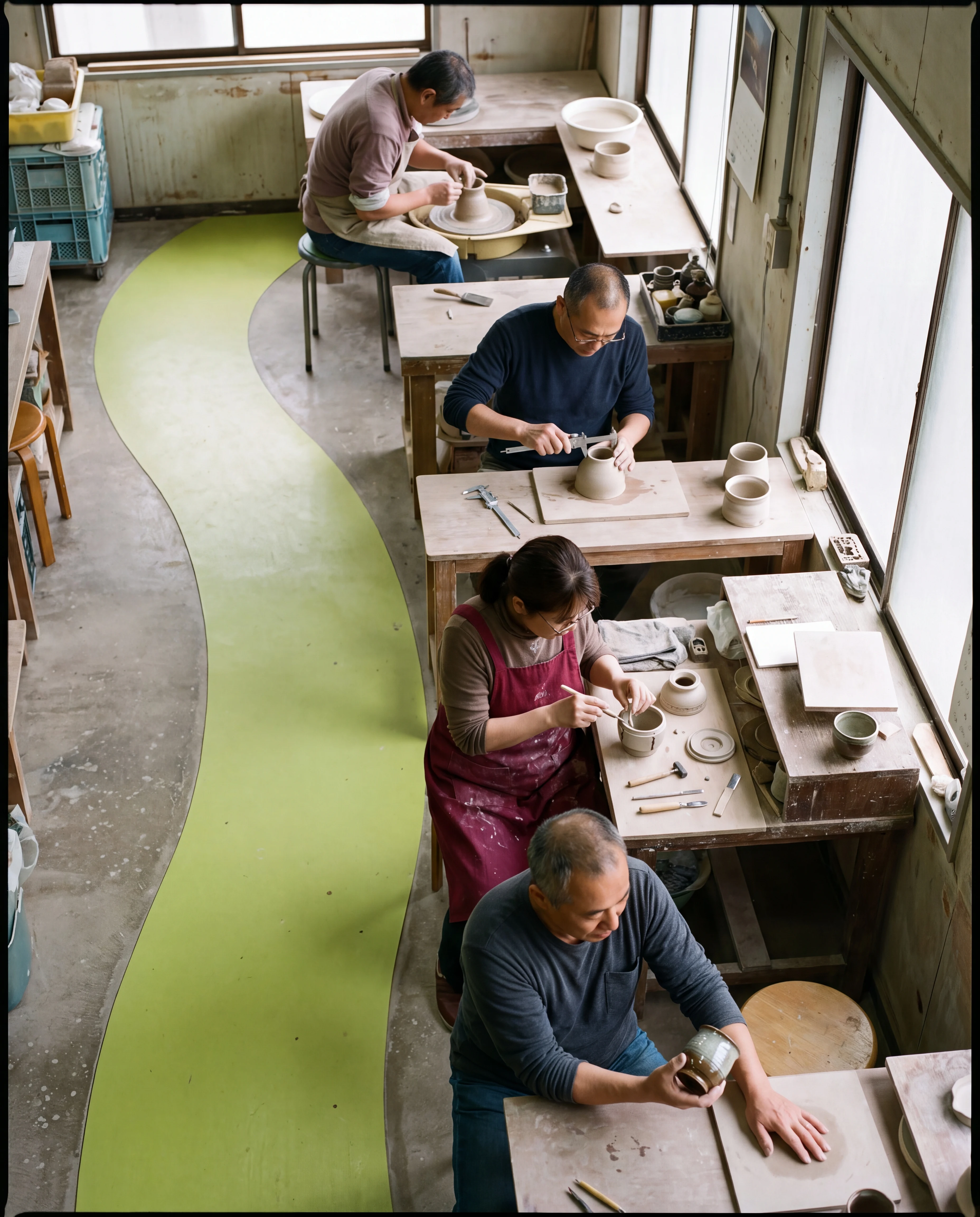 Cuatro profesionales trabajan en estaciones conectadas de un pequeño taller de fabricación
