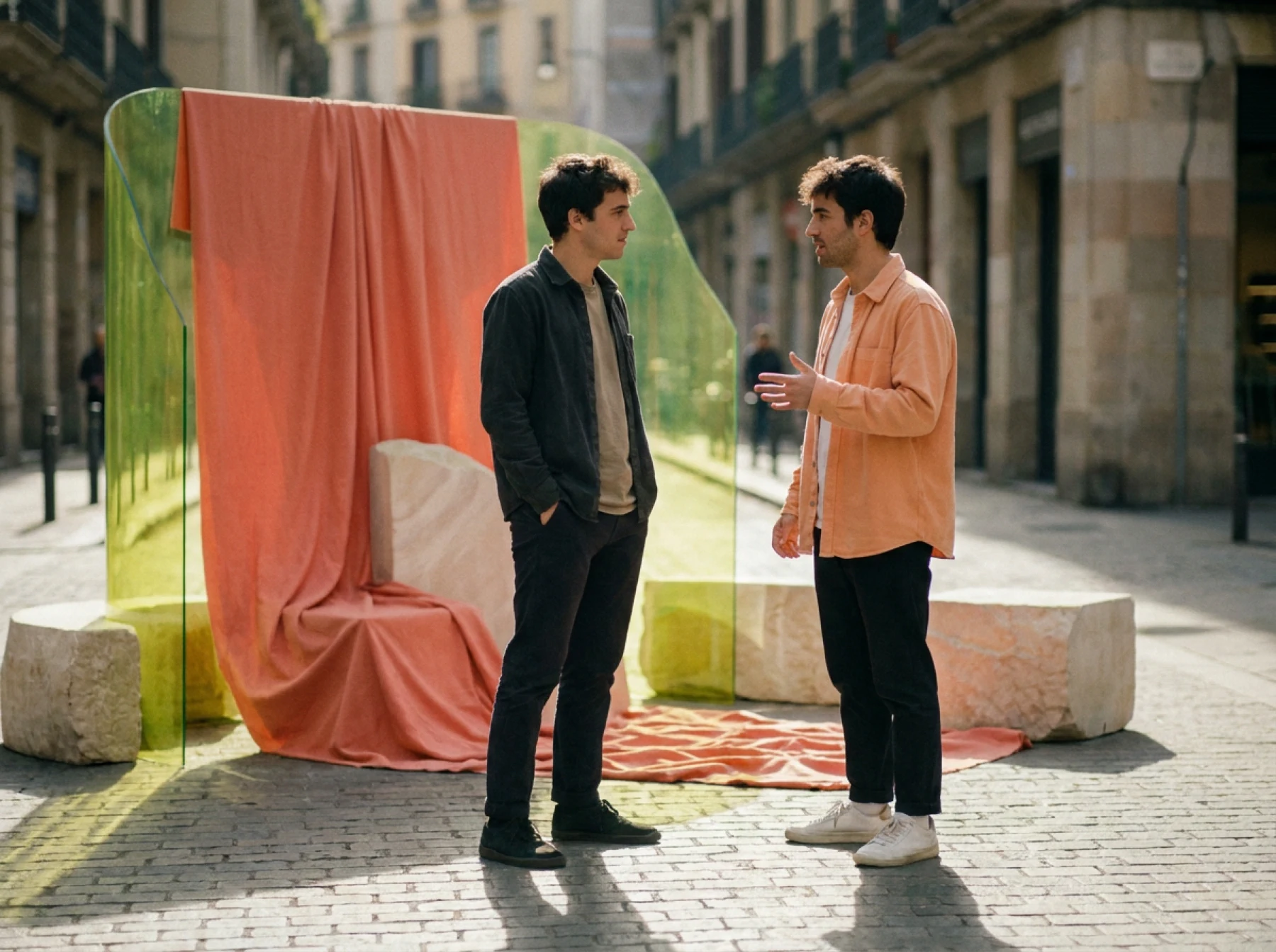 Dos profesionales conversan frente a una instalación de campaña coral y verde en una calle española