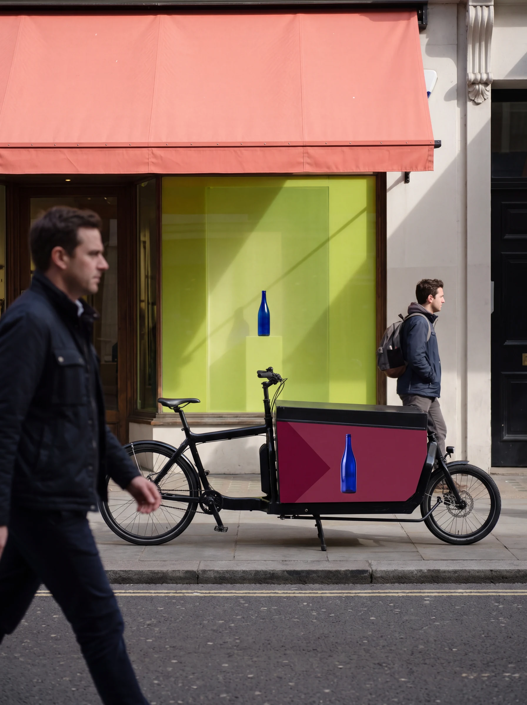 Un mismo sistema visual aparece en el toldo, escaparate y bicicleta de reparto de una calle urbana