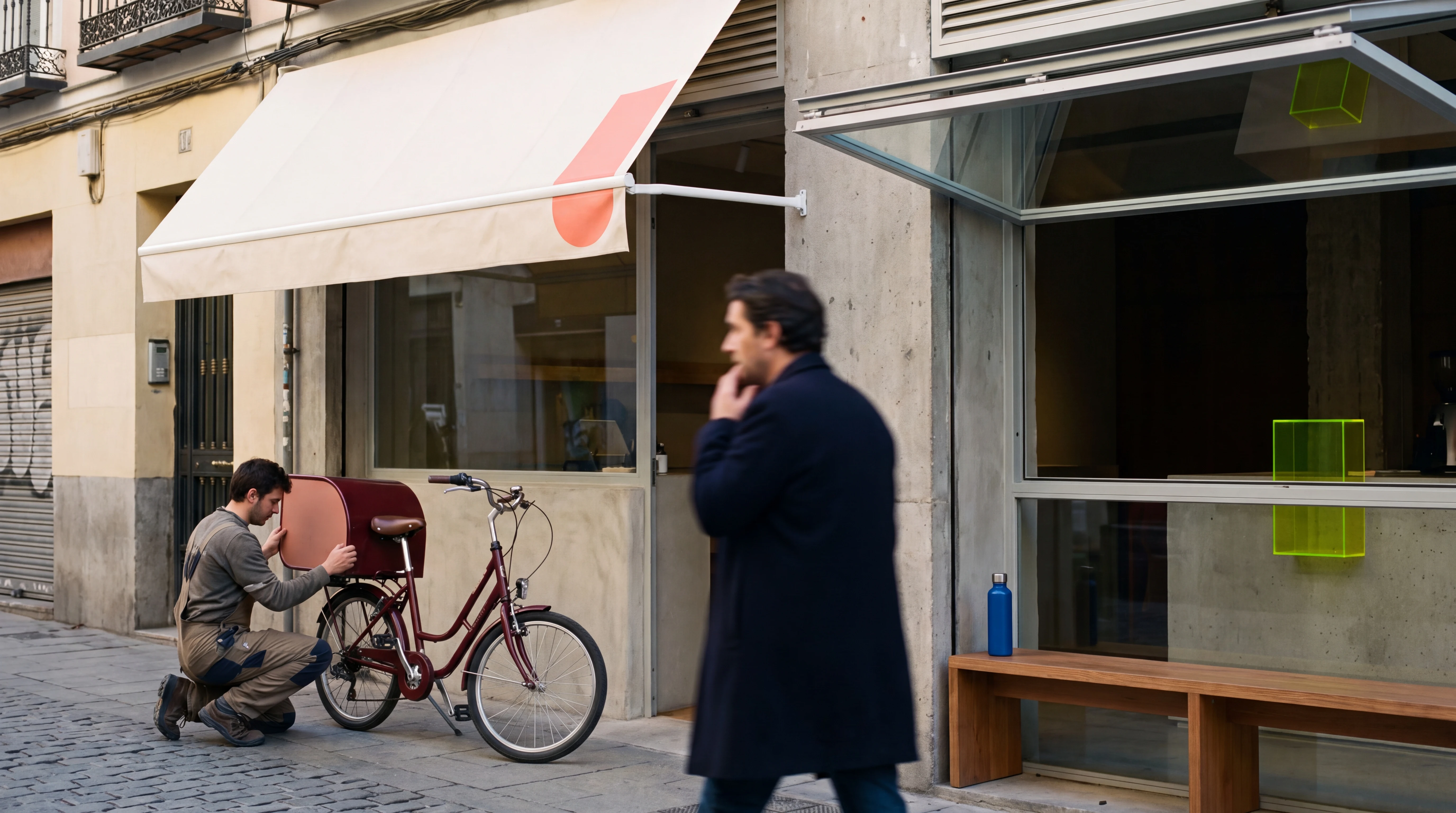 Un mismo motivo coral aparece en el toldo, un objeto azul, una pieza verde y una bicicleta de reparto de una tienda española