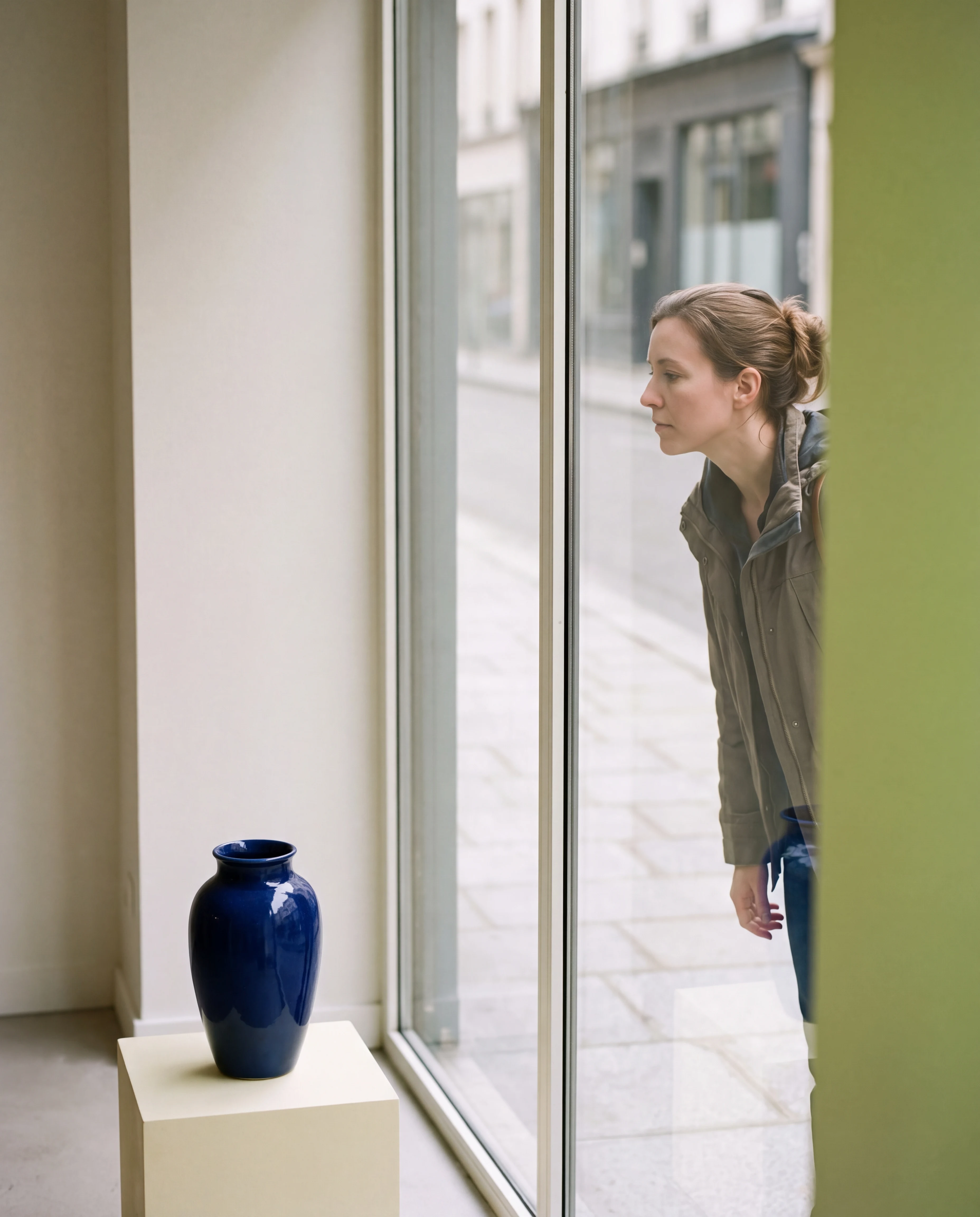 Una mujer observa una vasija de cerámica azul desde el escaparate de un showroom