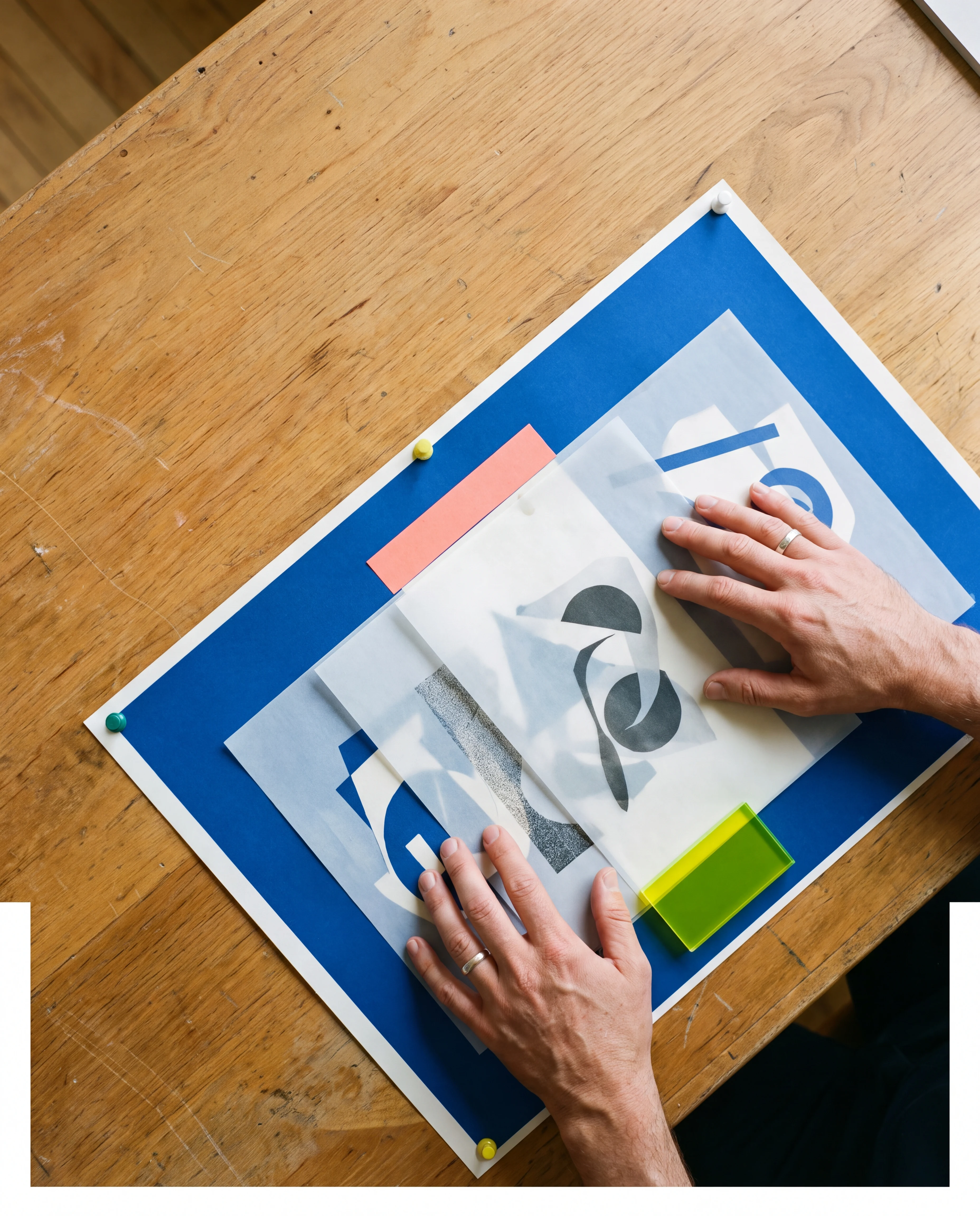 Manos alinean capas de papel y acetato para construir un sistema visual coherente