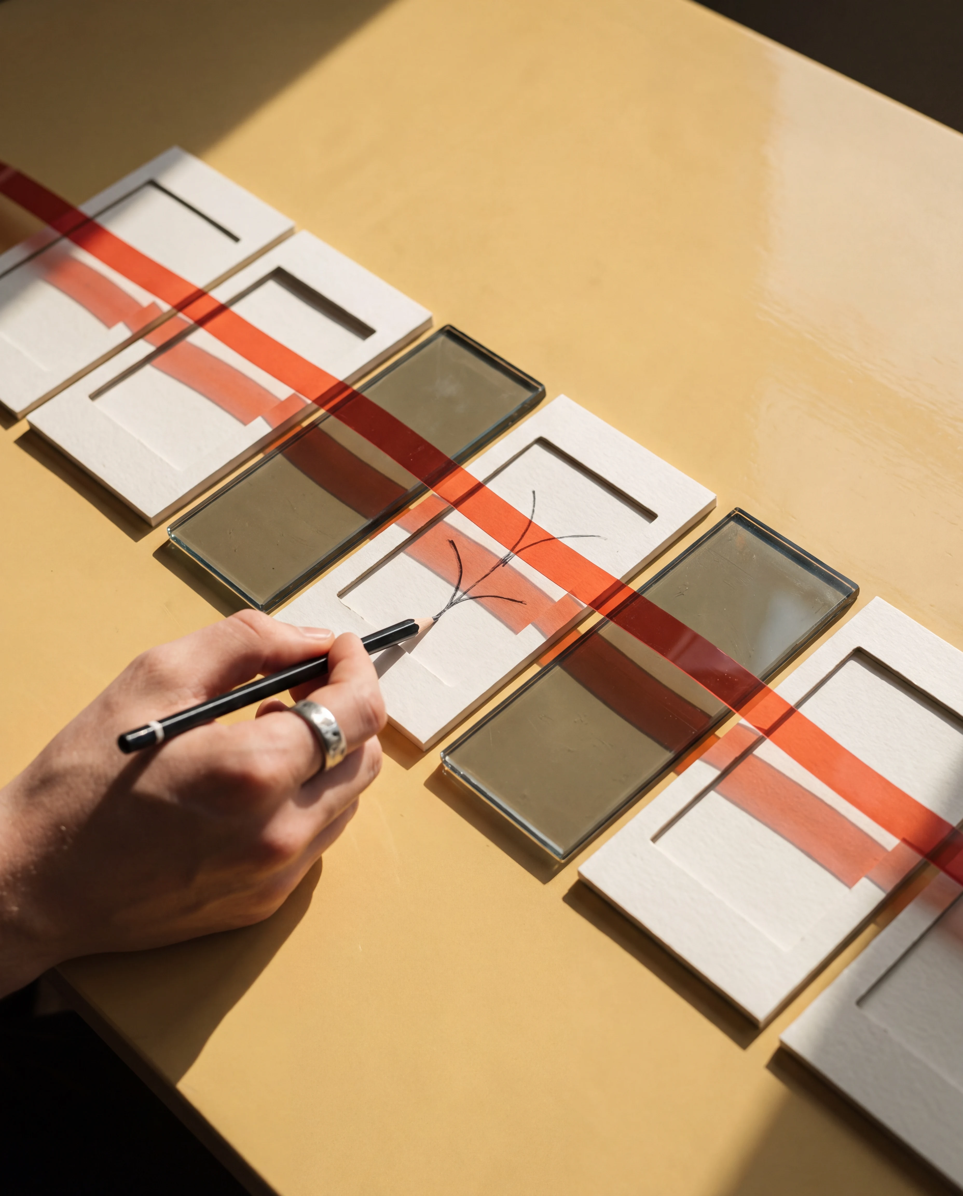 Mano organizando una secuencia de wireframes y materiales transparentes sobre una mesa amarilla