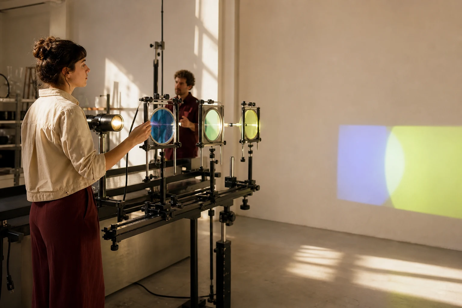 A technical director aligns a sequence of optical filters in a daylight studio