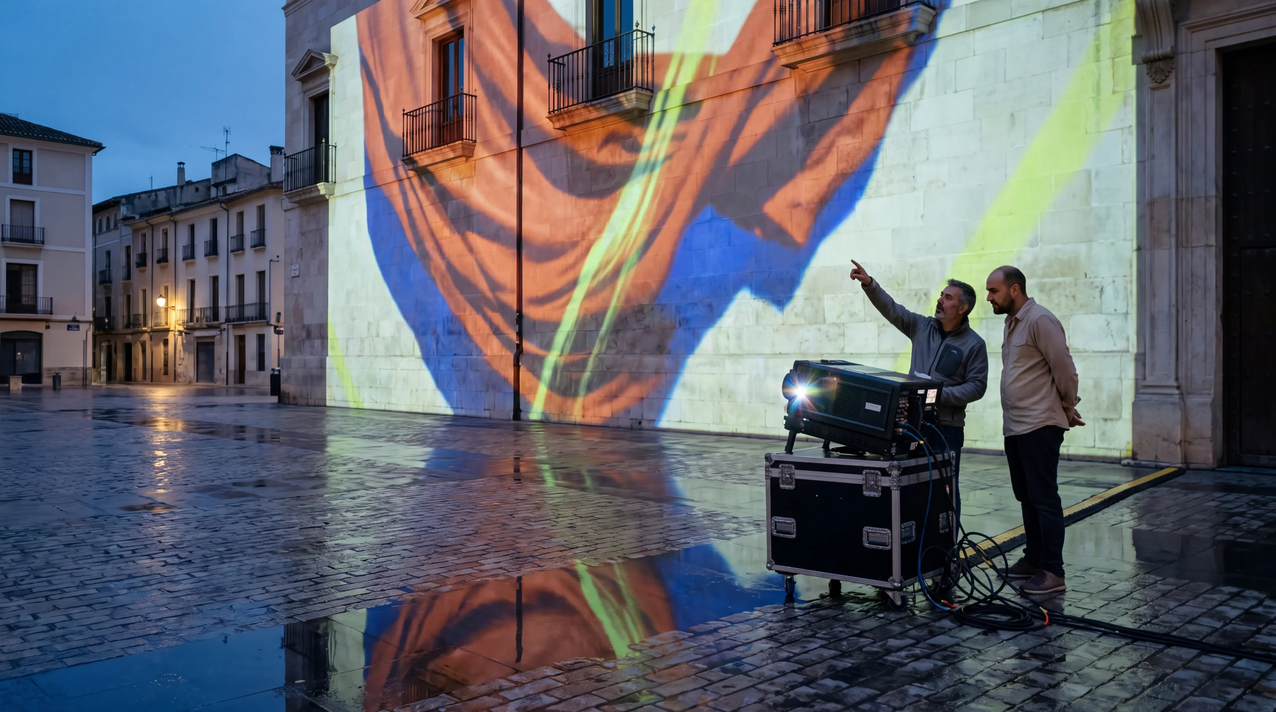 A projection team calibrates a large-scale public installation in a city square